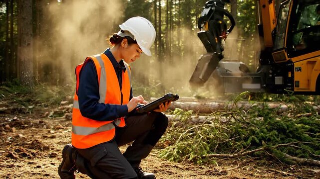worker inspector and engineer use tablet during logging in forest. surveyor checks construction site near heavy machinery. logger wears safety gear while operating equipment and inspecting terrain.