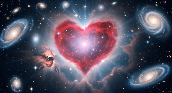 Heart shaped galaxy nebula with glowing stars in deep space