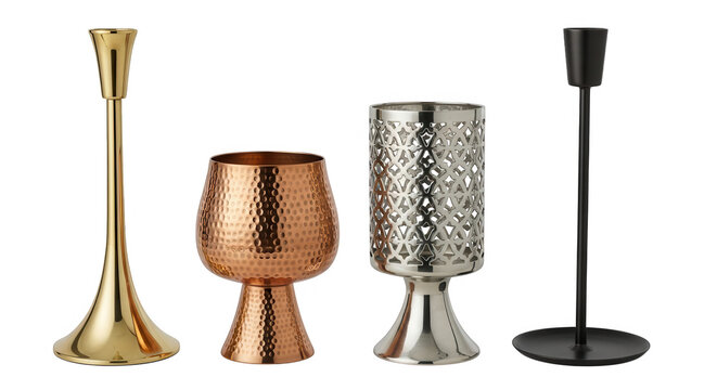 Collection of four decorative candle holders in metallic finishes isolated on transparent background