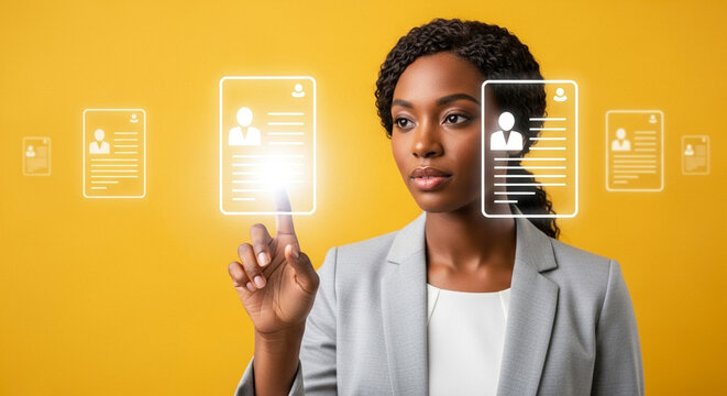 Businesswoman selecting digital resume on virtual interface, recruitment and human resources technology - Powered by Adobe