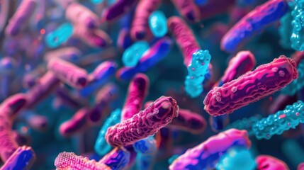 Colorful bacteria in a microscopic view, showcasing various shapes and sizes. The scene highlights the diversity of microbial life.