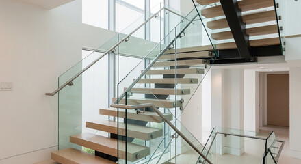 Interior architectural detail of a bright, contemporary staircase with glass railings and light wood steps. The focus is on clean lines and modern design. Modern design, architectural detail, transiti