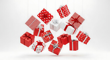 Naklejka premium Festive gift boxes in various sizes and patterns, suspended mid-air against a clean white background, perfect for holiday celebrations
