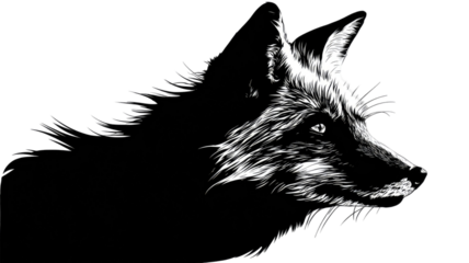 Cute black and white fox illustration with fur and tail, an animal drawing isolated on white