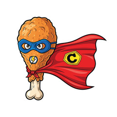 Cartoon fried chicken superhero funny fast food character wearing cape and mask vector illustration