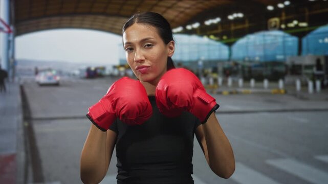 Young hispanic woman holding red boxing gloves up in guard at an airport terminal curbside dropoff lane in fighting stance; confidence.