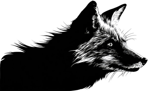 Cute black and white fox illustration with fur and tail, an animal drawing isolated on white - Powered by Adobe
