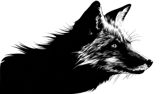 Cute black and white fox illustration with fur and tail, an animal drawing isolated on white