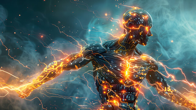 Showcasing a virtual cybernetic entity in a glowing futuristic digital environment