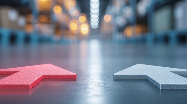 Prominent red and white arrows marking clear directional path on textured floor surface guiding viewers.