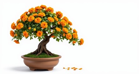 Beautiful Bonsai Tree with Vibrant Orange Roses and Lush Green Leaves on White Background