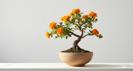 Beautiful Bonsai Tree with Vibrant Orange Flowers in a Simple Ceramic Pot on a Minimalist Surface
