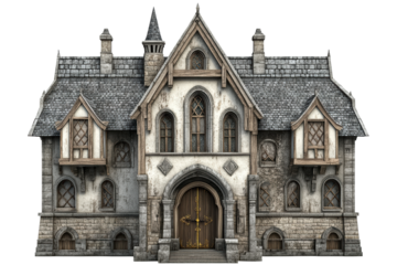 Gothic revival mansion with spires and arches
