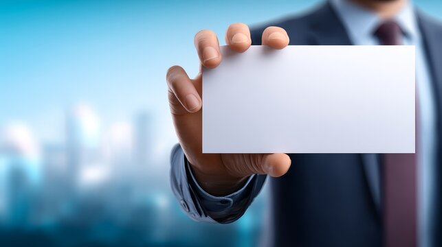 Professional man in elegant suit holding business card ready for networking and corporate introduction event.