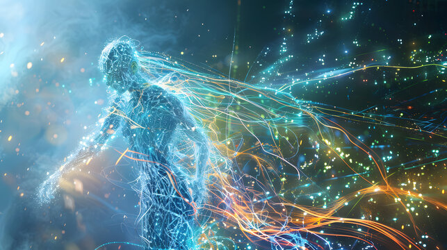 Showcasing a virtual cybernetic figure in a glowing futuristic digital environment - Powered by Adobe