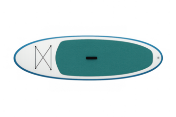 Paddleboard featuring white and teal deck pad, blue rim, and bungee straps for water sports recreation