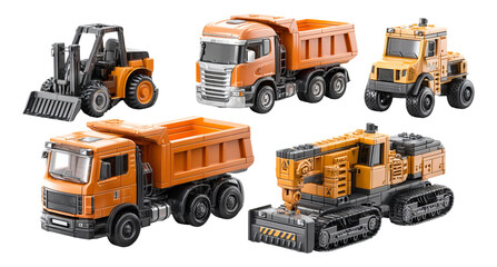 Colorful Collection of Toy Trucks and Construction Vehicles on Transparent Background