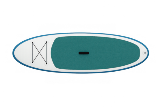 Paddleboard featuring white and teal deck pad, blue rim, and bungee straps for water sports recreation