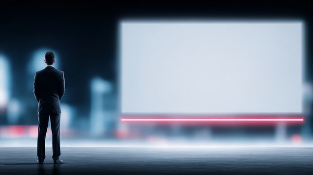 Professional man presenting insights on massive digital screen engaging audience at business conference and technology showcase event.