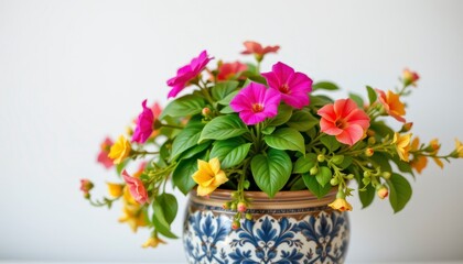 Naklejka premium Vibrant Flower Arrangement in Decorative Pot with Colorful Blooms and Green Leaves