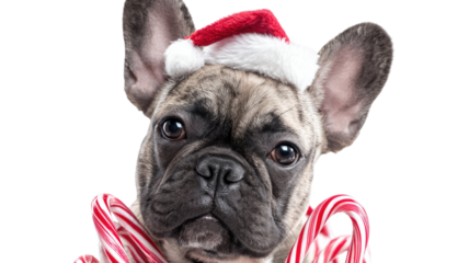 Adorable young French Bulldog puppy wearing a Santa hat, a purebred white canine isolated on a studio background