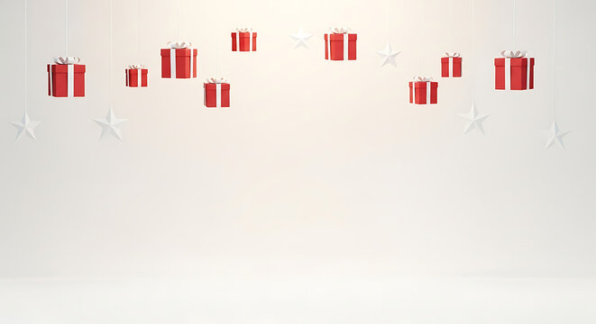 A festive background featuring numerous floating red gift boxes and stars, a 3D rendering symbolizing surprise and celebration