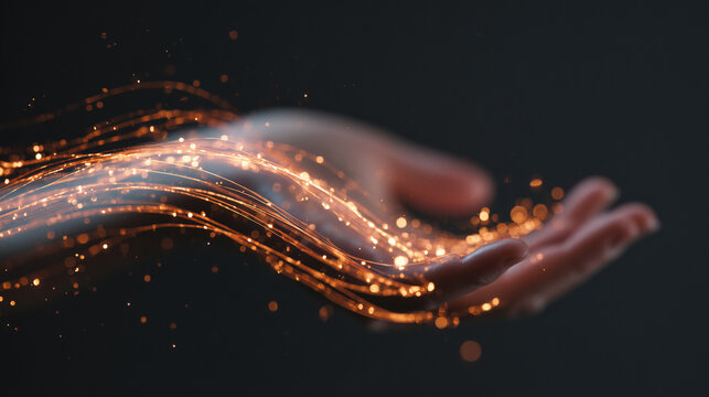 Close up of a hand with glowing light trails particles, concept for magic and technology fusion on dark background