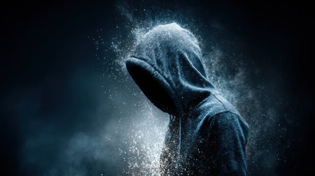 Hooded figure disappearing in dust particles