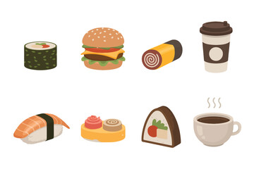 Set of food icons including sushi burger roll and coffee flat vector illustration for menu design and food delivery apps isolated on white background