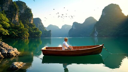 Man rows rowboat on lake. Quiet rowing creates smooth reflection on water. Man drifts past karst island and mountain silhouette. Nature shows calm travel and slow tourism. Sunlight softens horizon. - Powered by Adobe