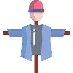 Flat Design Scarecrow Figure with Blue Jacket and Pink Hat Standing Against a White Background