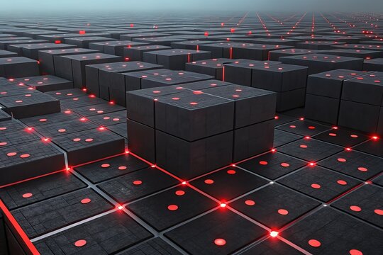 Futuristic dark grid with glowing red lights and data cubes for technology concepts