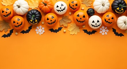A festive halloween arrangement featuring an assortment of miniature pumpkins with painted faces, scattered paper bats, and snowflake cutouts on an orange surface