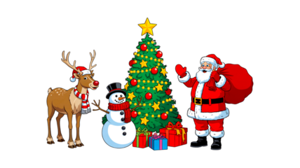 Santa claus reindeer snowman gather around decorated christmas tree on transparent background high quality professional detailed modern elegant stylish clean crisp