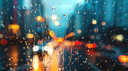 Raindrops on a window with blurred city lights in the background. The scene captures a rainy urban atmosphere with vibrant bokeh effects.