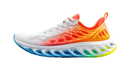 Colorful running shoe with unique design on transparent background