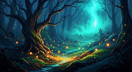 A mystical forest landscape with glowing lights and ancient trees, creating a magical and ethereal atmosphere in a digital painting style
