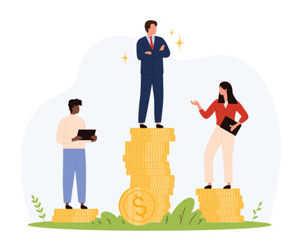 Three business people on different height coin stacks showing financial inequality, discrimination, and social gap in workplace, flat style isolated vector illustration