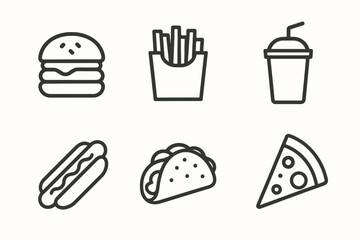 Icon set of fast food items: burger, fries, drink, hot dog, taco, pizza