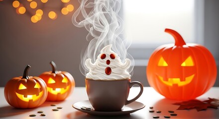 A festive halloween scene featuring a ghostshaped whipped cream topping on a hot drink, surrounded by glowing jackolanterns and autumn leaves