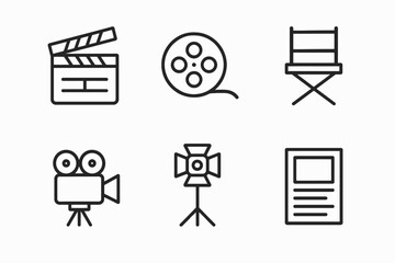 Film production icons set: clapperboard, film reel, director chair, camera, light, script