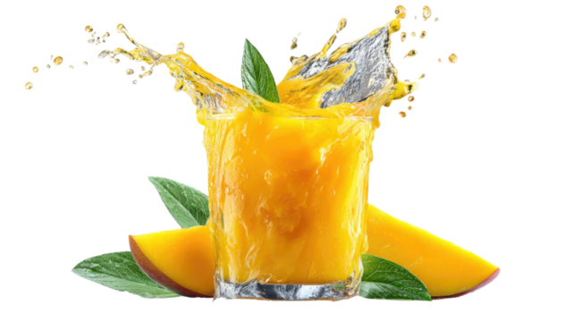 Fresh cold orange pineapple citrus juice drink splash in a glass with ice and a lemon slice
