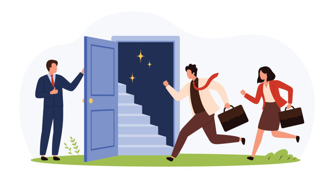 Businessman holding door open as two professionals with briefcases eagerly run toward a glowing staircase symbolizing career advancement and new job opportunities isolated vector illustration