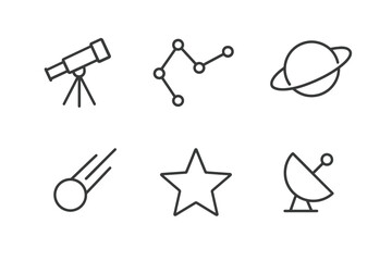 Minimalist astronomy icons: telescope, constellation, planet, comet, star, satellite dish