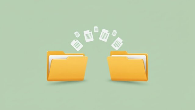 Yellow folders transferring with floating white documents on blue background, digital file exchange, data transfer