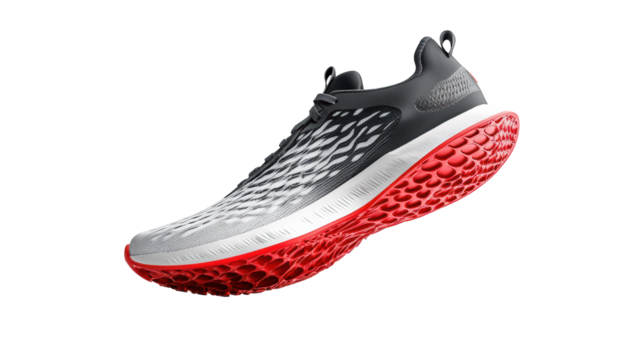 Modern running shoes with red sole on transparent background.