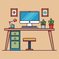 Modern home office desk setup with computer and plants