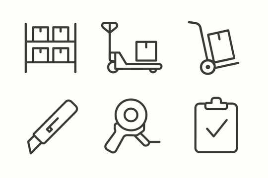 Warehouse tools and equipment icons: storage, cart, trolley, box cutter, magnifying glass, clipboard