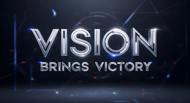 A futuristic digital graphic with glowing text that reads 'VISION BRINGS VICTORY' set against a dark, high-tech background with light streaks and geometric elements