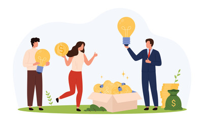 Business people holding light bulbs and coins, symbolizing creative ideas generating profit, teamwork, investment, and innovation in a flat style isolated vector illustration